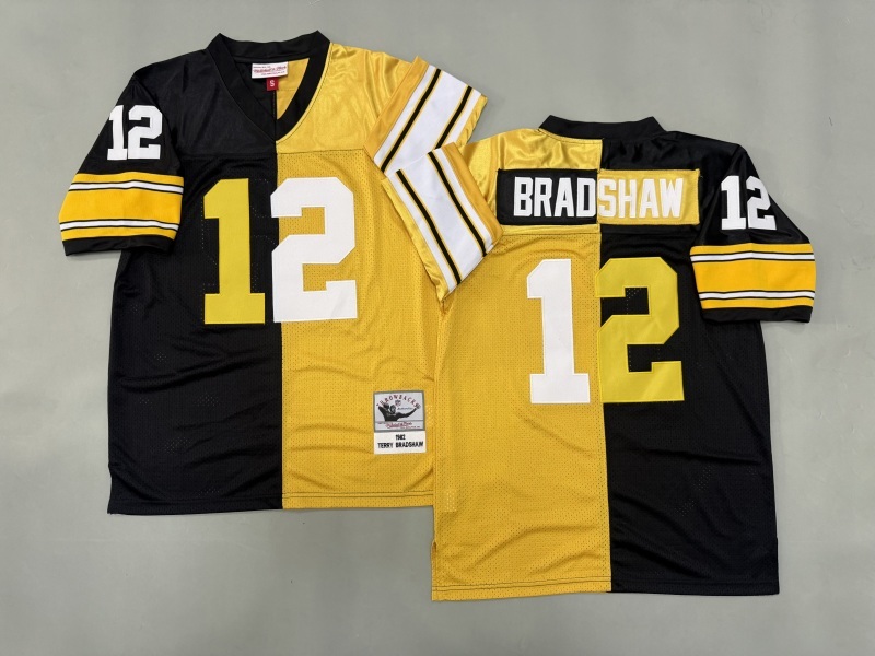 Men 2025 Pittsburgh Steelers 12 Bradshaw black yellow Throwback Limited NFL Jersey style 001